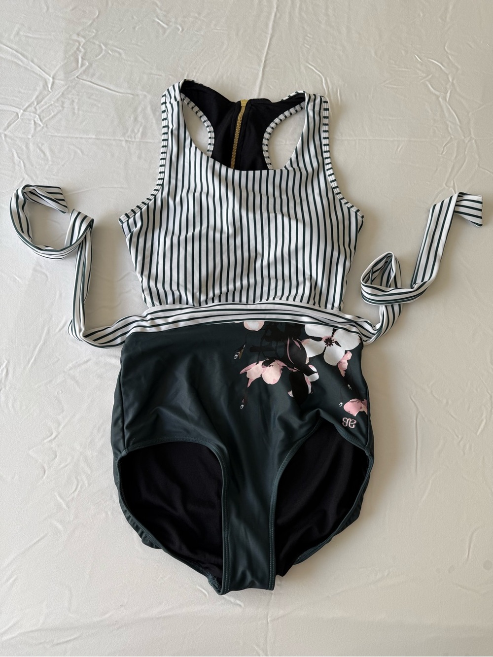 Albion Swimsuit with White and Dark Green Stripes
